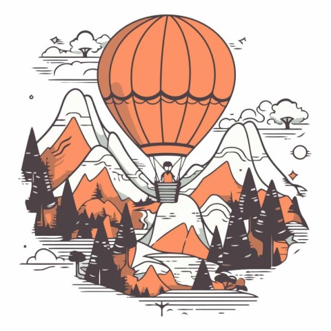 Hot air balloon flying over the mountains. Hand drawn vector ill