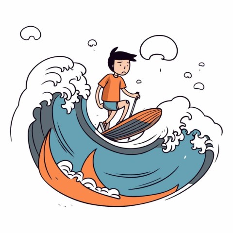 Vector illustration of a boy riding a surfboard on the wave.