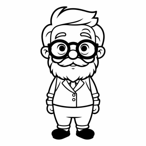 Cute Cartoon Grandfather Character - Black and White Vector Illu