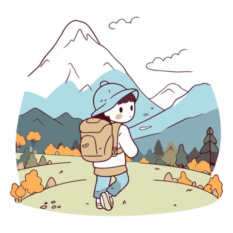 Boy with backpack and hat walking in the mountains.