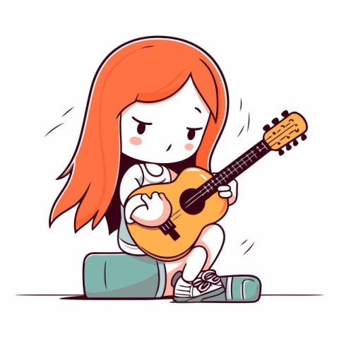 Little girl playing guitar. Cute cartoon character.