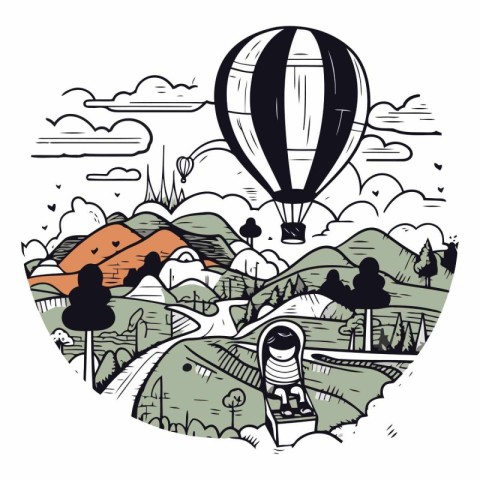 Hand drawn vector illustration of a hot air balloon flying over