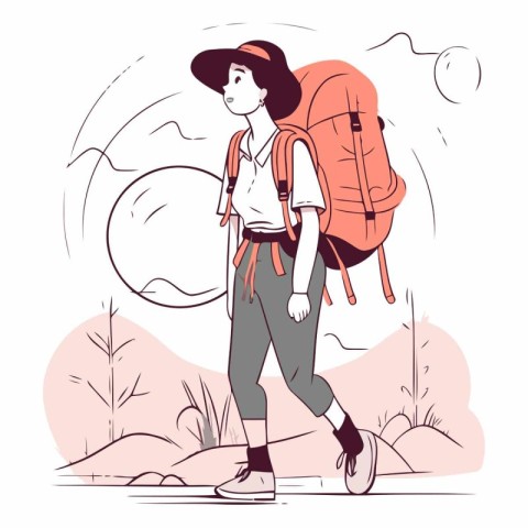 Tourist girl with backpack walking in the forest.