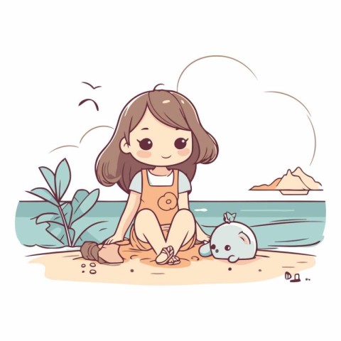 Cute little girl playing on the beach. Vector cartoon illustrati