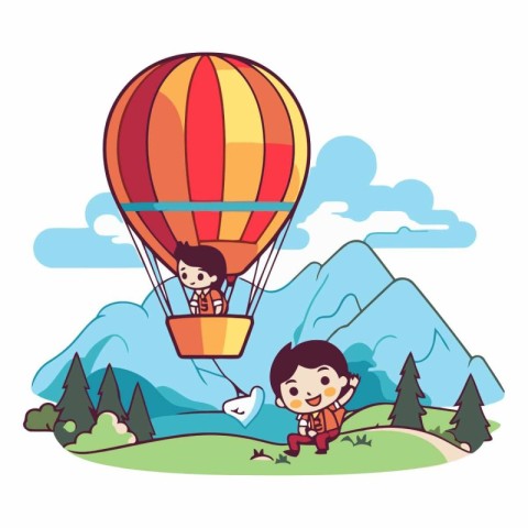 Cute kids flying on hot air balloon in the mountains.