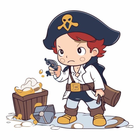 Pirate boy with treasure chest and map on white background.