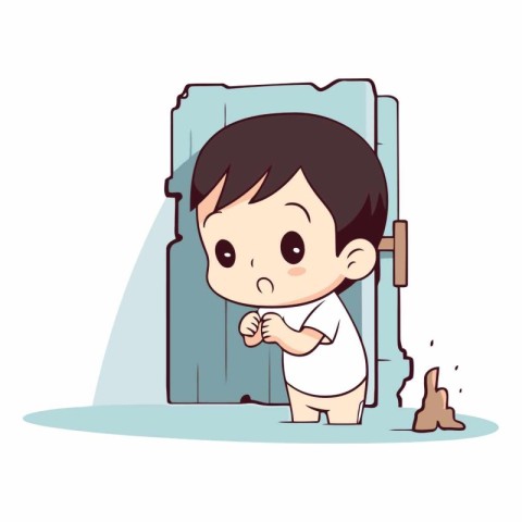 Cute boy crying in toilet of cartoon character.