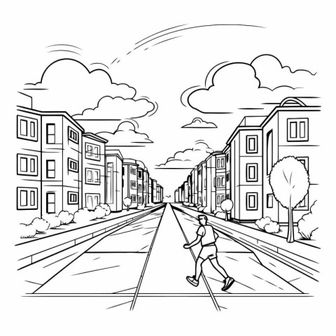 Man skiing on the street. black and white vector illustration gr