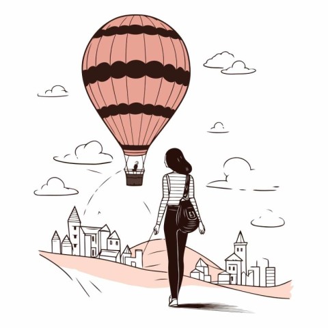 Young woman with suitcase and hot air balloon in the city.