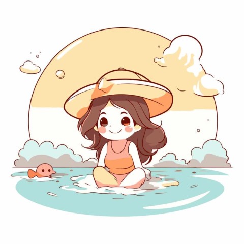 Illustration of a Cute Little Girl Wearing a Beach Hat