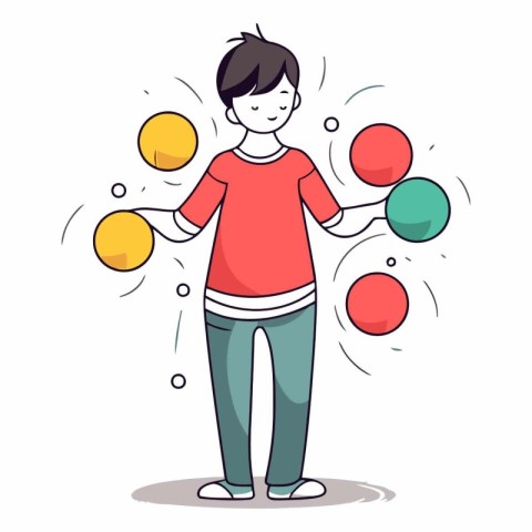 Man juggling balls in cartoon style on white background.