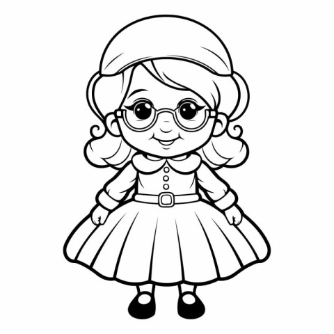 Black and White Cartoon Illustration of Cute Little Girl with Gl