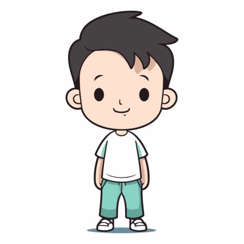 Boy standing and smiling on white background in cartoon style.