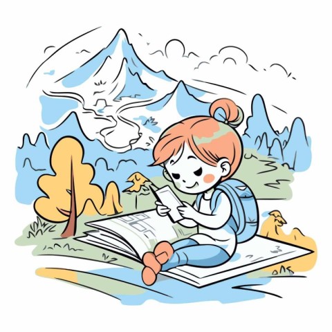 Girl reading a book in a mountain landscape. Vector cartoon illu