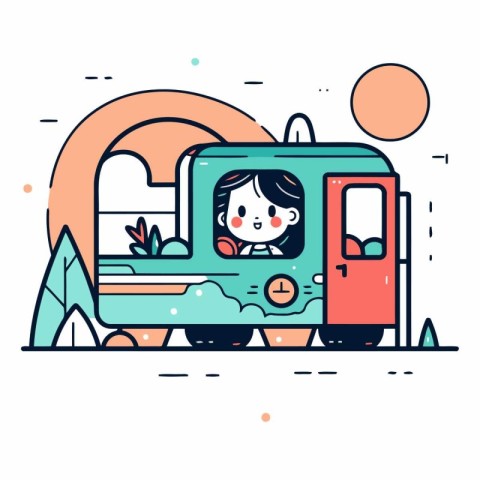 Vector illustration of a cute little girl in a camper van.