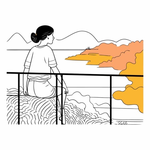 Woman sitting on the balcony and looking at the landscape.