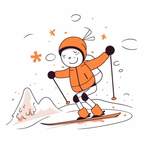 Cartoon skier in orange jacket and helmet skiing on snow.