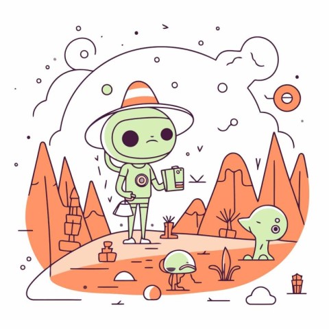 Cute cartoon alien in the forest in linear style.