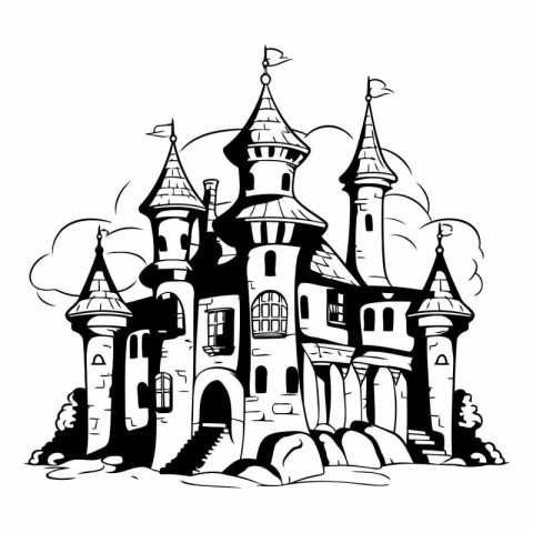 Halloween haunted castle. Black and white vector illustration fo