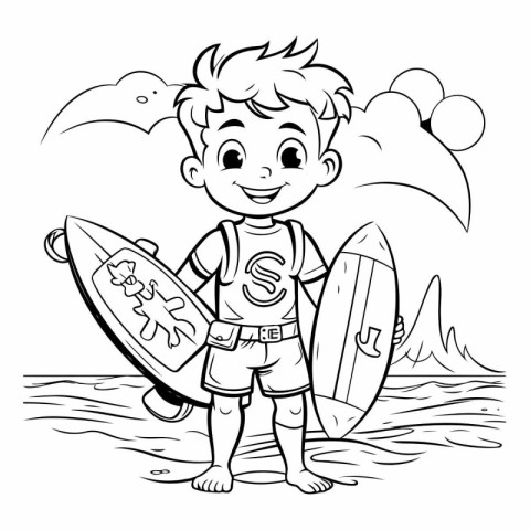 Black and White Cartoon Illustration of Cute Little Surfer Boy C