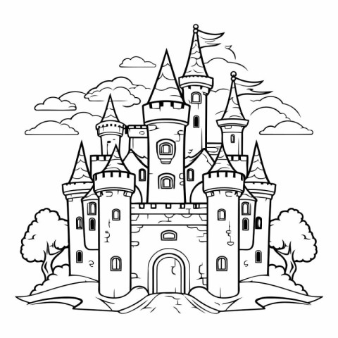 Fairytale castle. Black and white vector illustration for colori