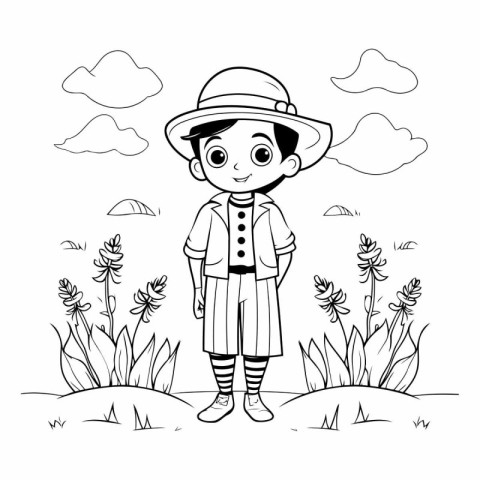 cute little boy with safari hat in the field vector illustration