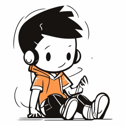 Illustration of a boy sitting on the floor and listening to musi