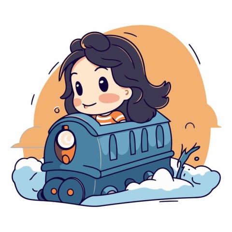 Vector illustration of a little girl riding a train in the winte