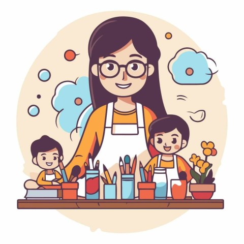 Mother and children in the kitchen in cartoon style.