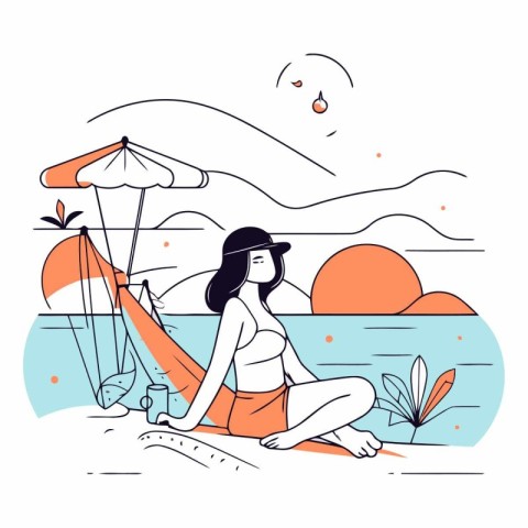 Beautiful girl on the beach in a linear style.