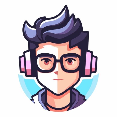 Hipster man with headphones in cartoon style.