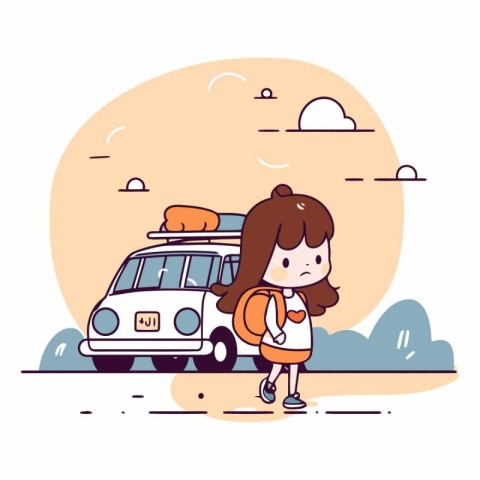 Girl with a backpack and a car on the road