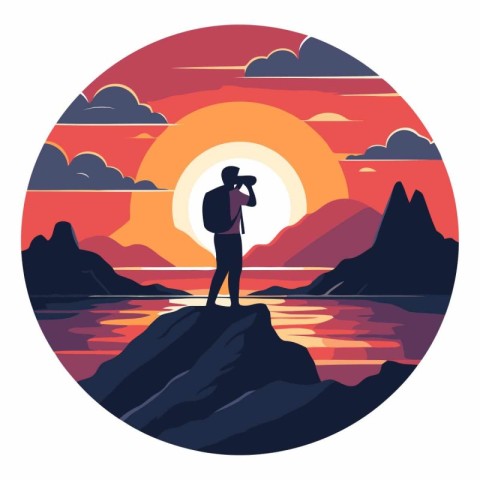 Vector illustration of a man with binoculars standing on a rock