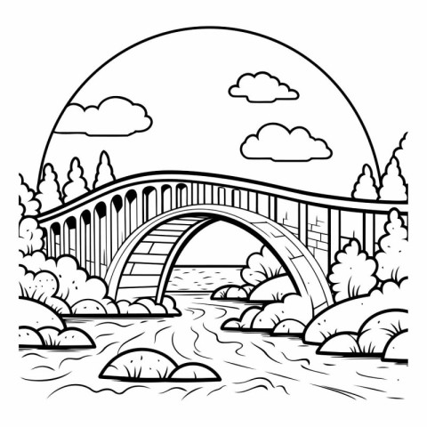 Bridge in the park. black and white vector illustration for colo