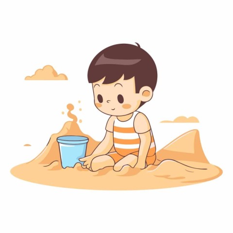 Cute little boy playing with sand in the beach.