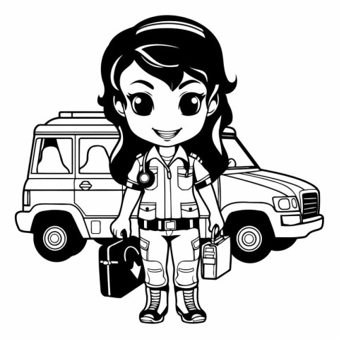 Cute girl scout with backpack and car on white background