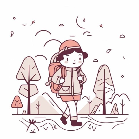 Vector illustration of a girl with a backpack in the autumn fore