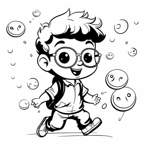 Cute boy playing with soap bubbles - black and white vector illu