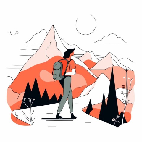 Hiking in mountains in flat cartoon style with a man and a backp