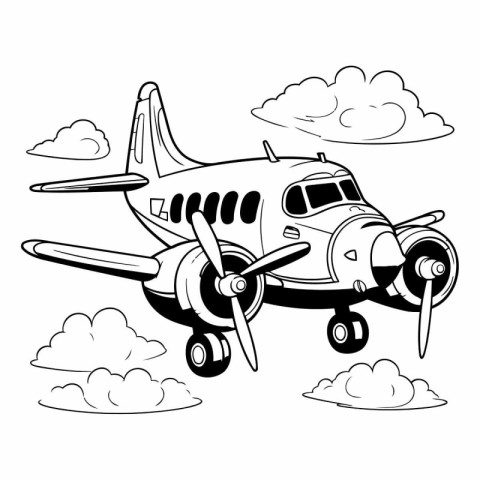 airplane flying with clouds icon cartoon black and white vector