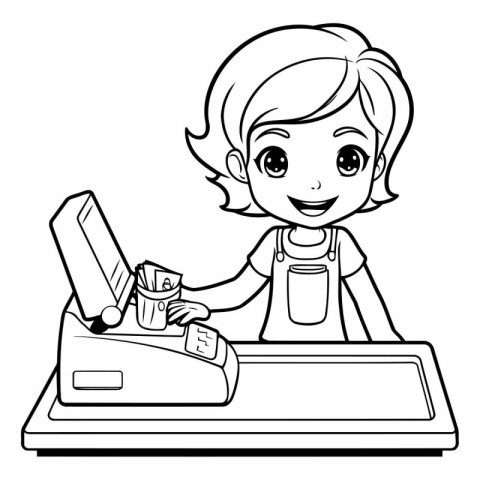 Black and White Cartoon Illustration of Cute Little Girl Using a