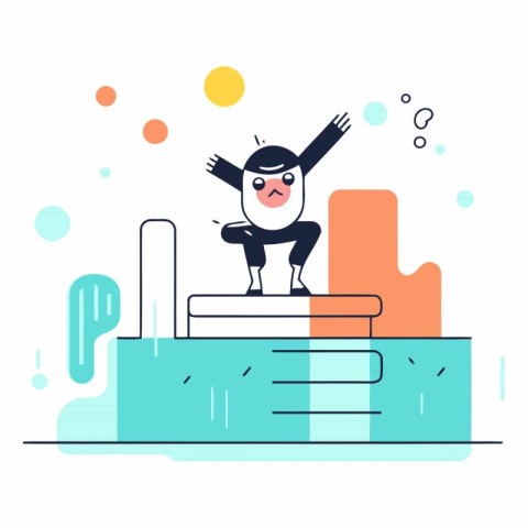 Cartoon businessman jumping over a gap in the wall. Flat vector