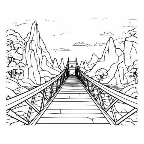 Wooden bridge over the river. Black and white vector illustratio