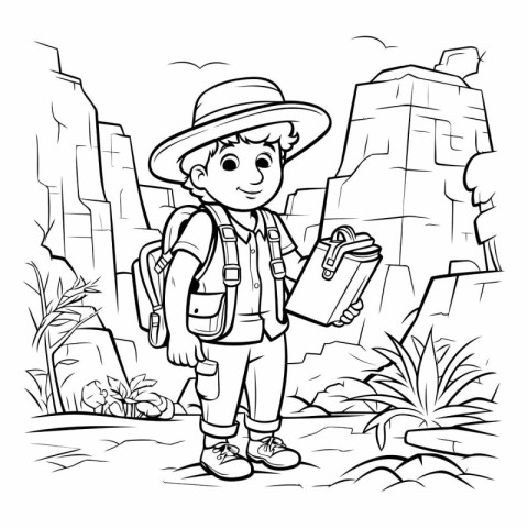 Black and White Cartoon Illustration of Boy Traveler or Tourist