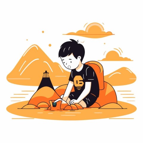 Boy playing with sand in the beach. Flat style vector illustrati