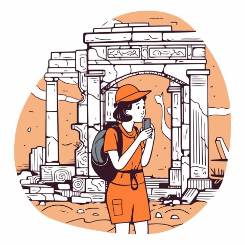 Tourist woman with backpack and smartphone in ancient city