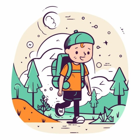 Cute boy with backpack hiking in the forest.