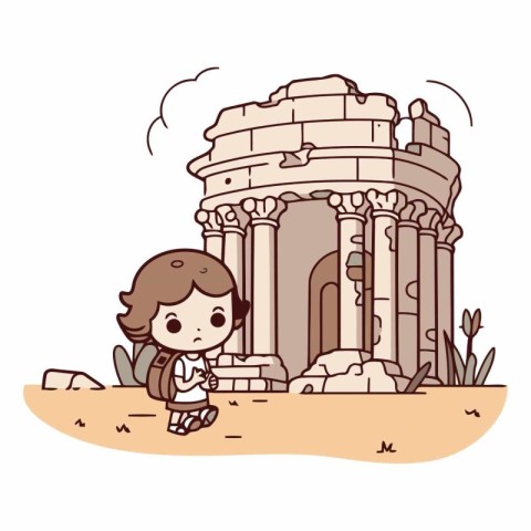 Cute cartoon boy in front of ancient temple.