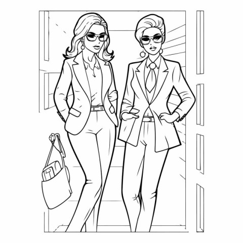 Vector illustration of two women in business suits standing in f