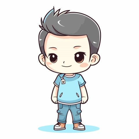 Cute little boy standing and smiling in cartoon style.